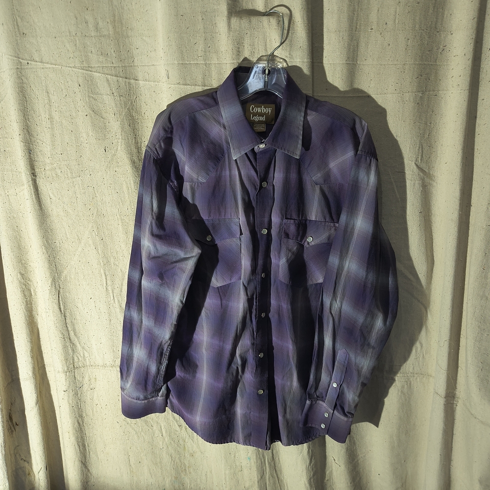 Vintage Style Men's Size Large Western Style Purple Plaid Shirt  W/Pearl Snaps